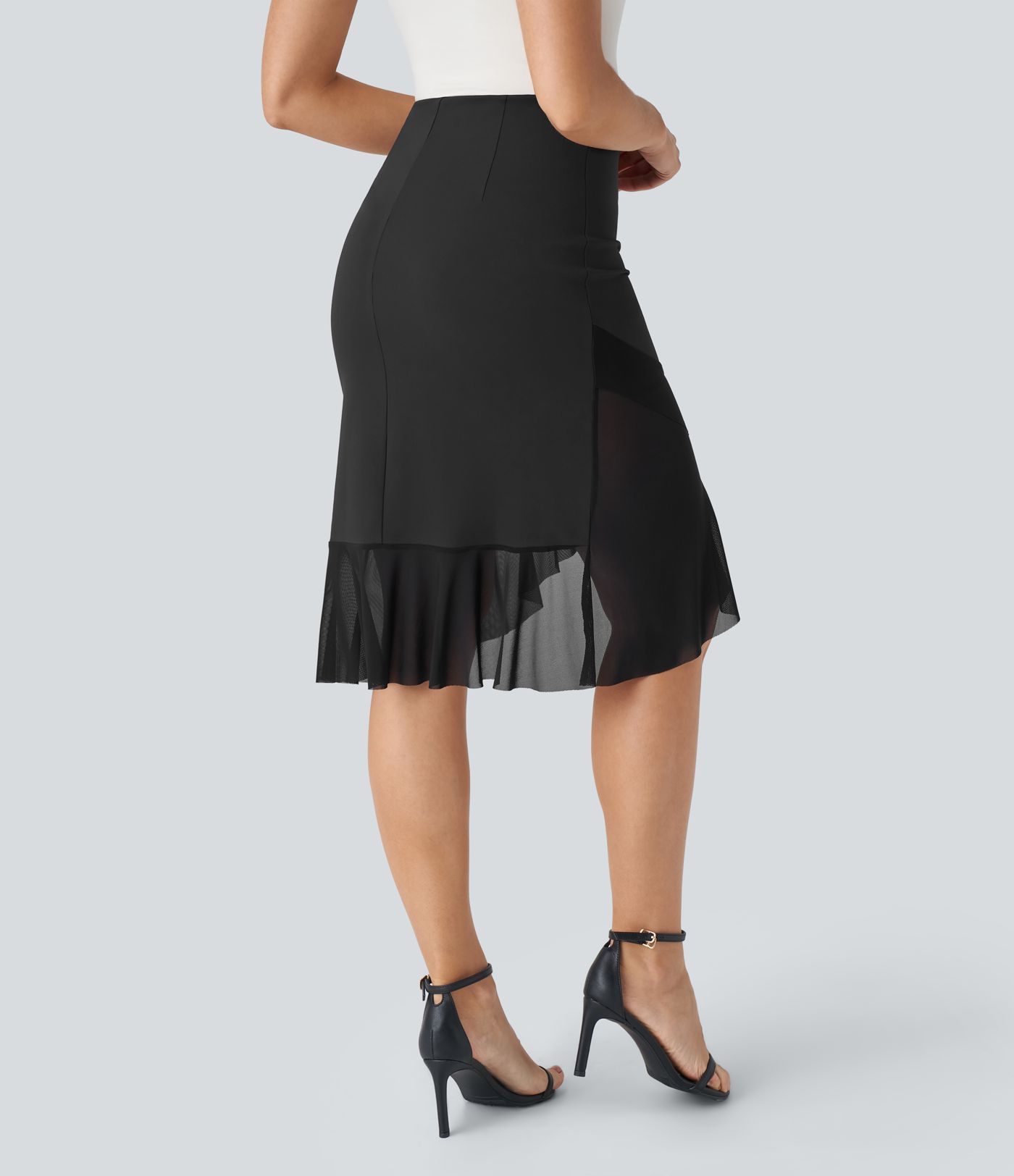 DayStretch High Waisted Contrast Mesh Ruffle Hem Work Mermaid Skirt