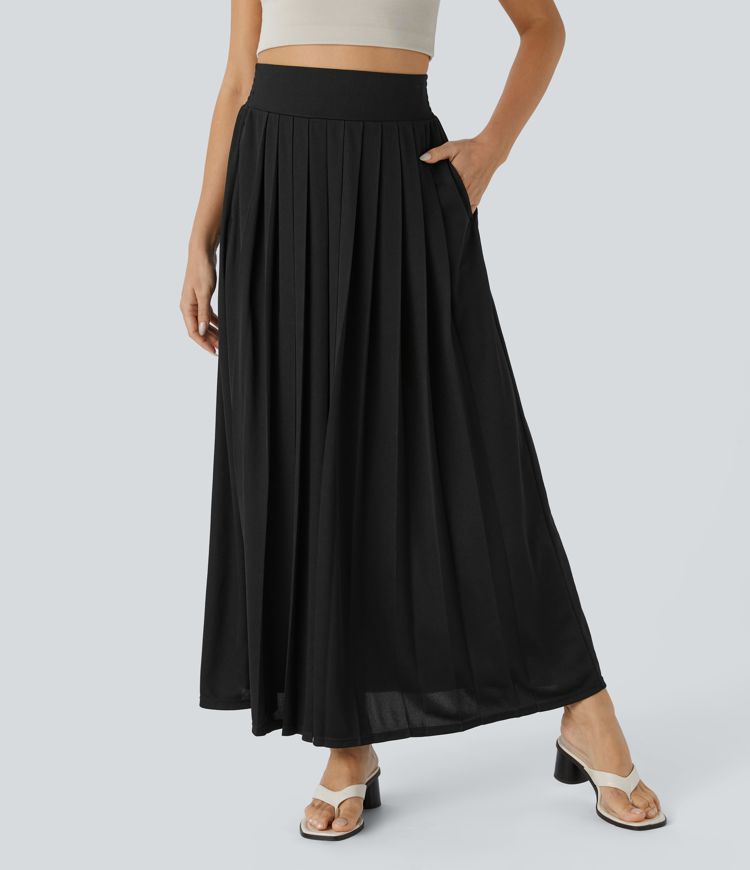 High Waisted Side Pocket Pleated Flowy Maxi Waffle Casual Skirt