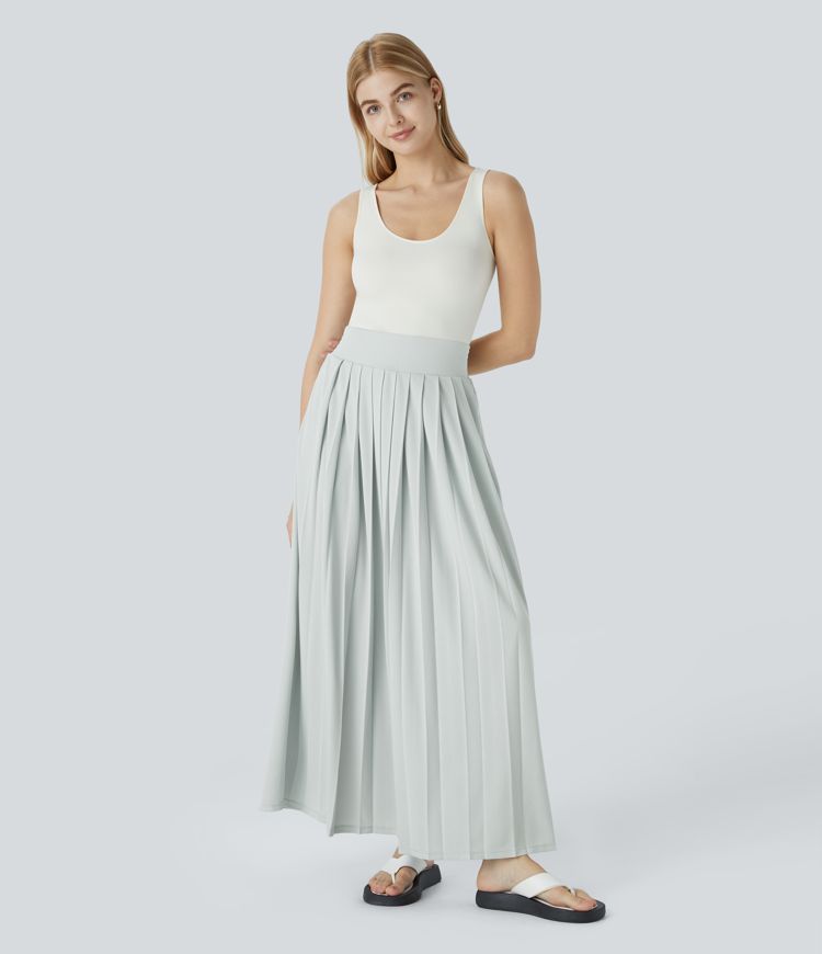 High Waisted Pocket Pleated Flowy Maxi Waffle Casual Skirt