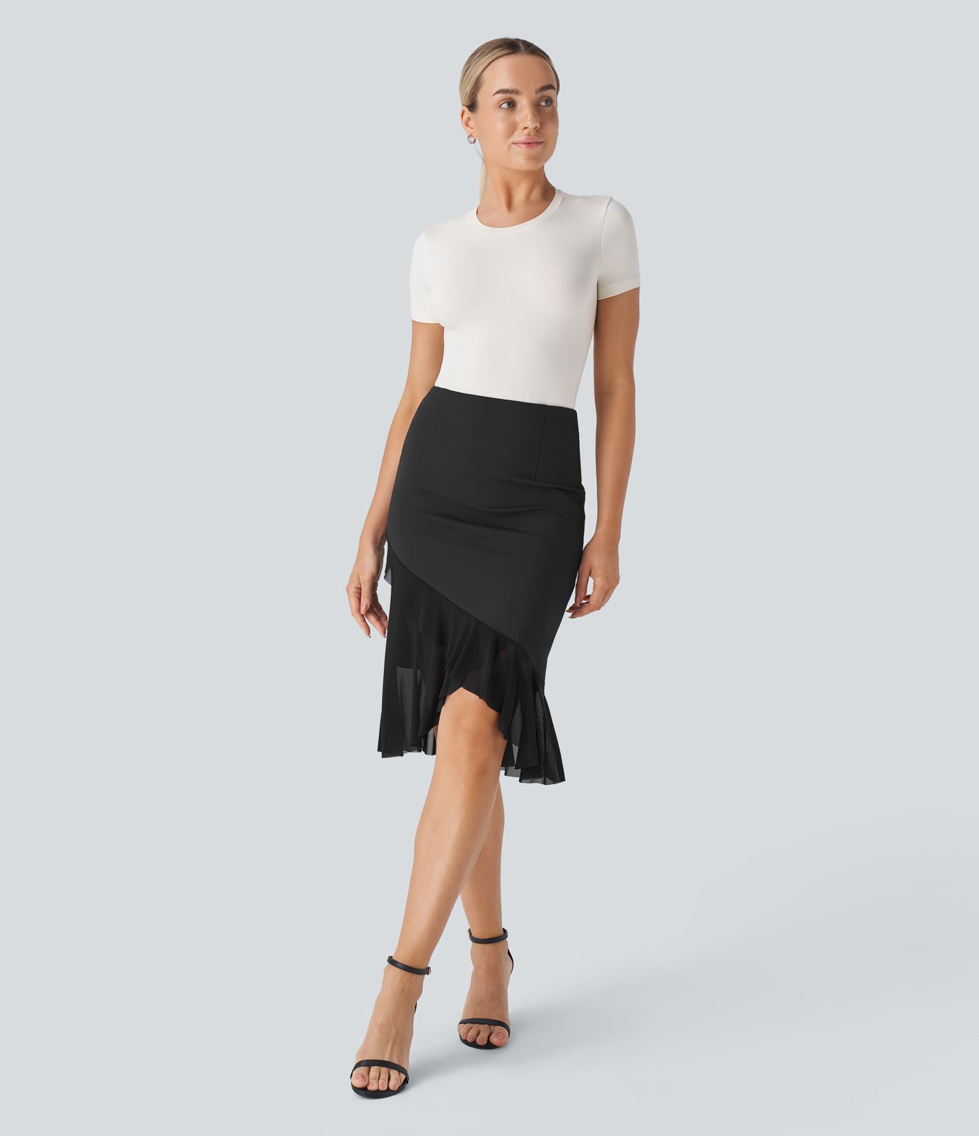 DayStretch High Waisted Contrast Mesh Ruffle Hem Work Mermaid Skirt