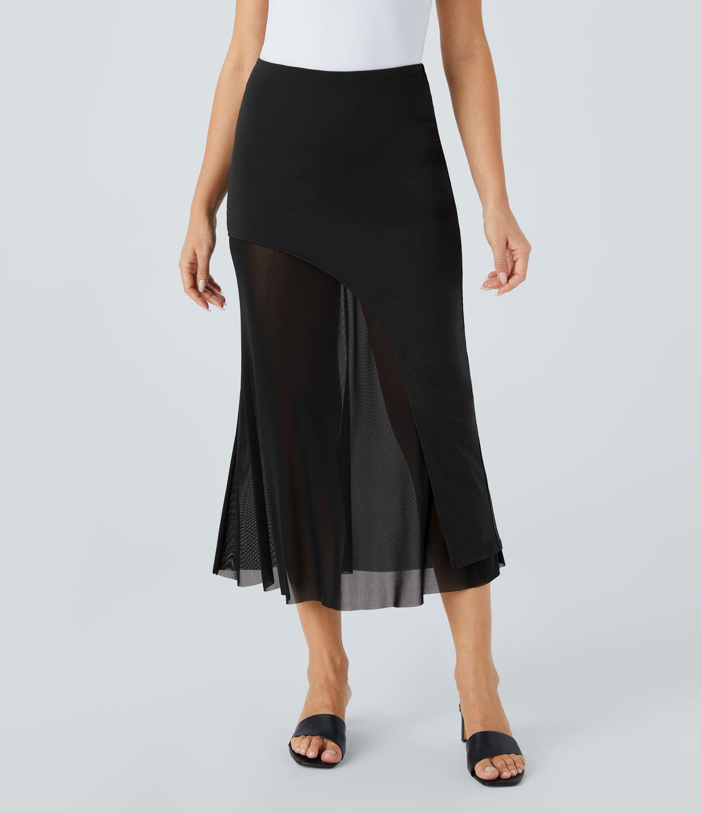 Midi Freizeitrock aus kontrastierendem Mesh mit hohem Bund