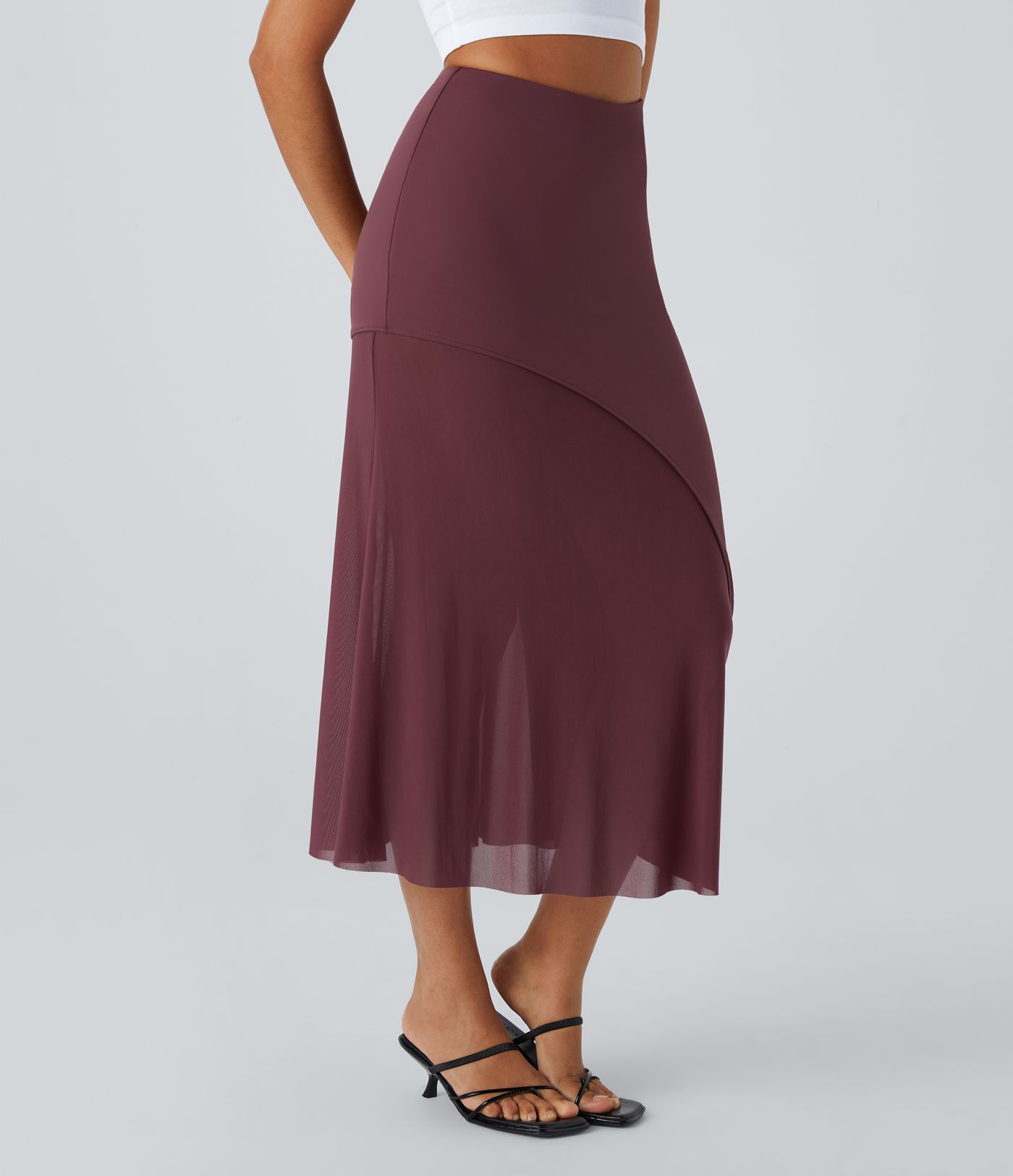 High Waisted 2-in-1 Contrast Mesh Midi Casual Skirt
