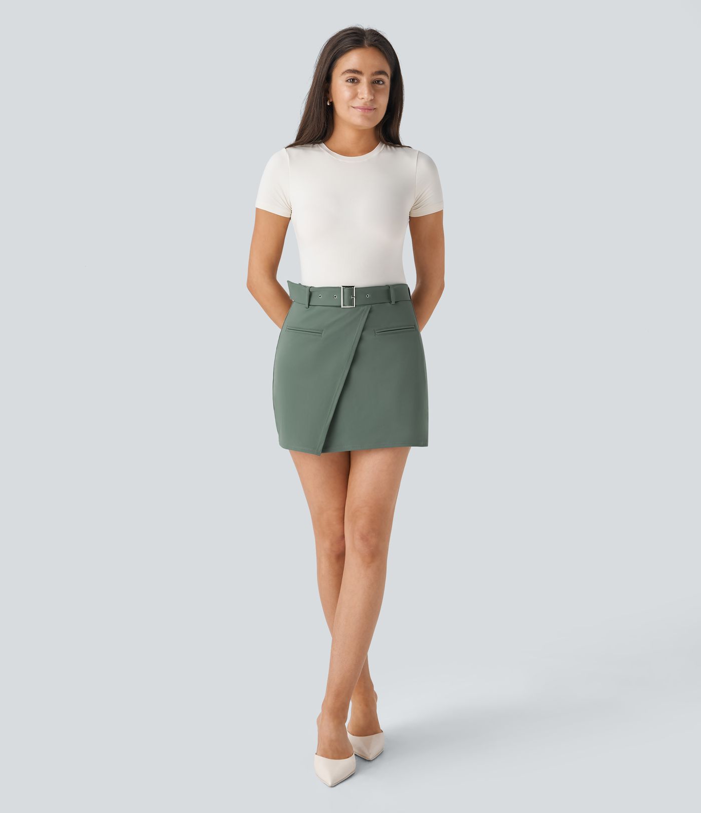 DayStretch High Waisted Belted Pocket 2-in-1 Mini Work Skirt