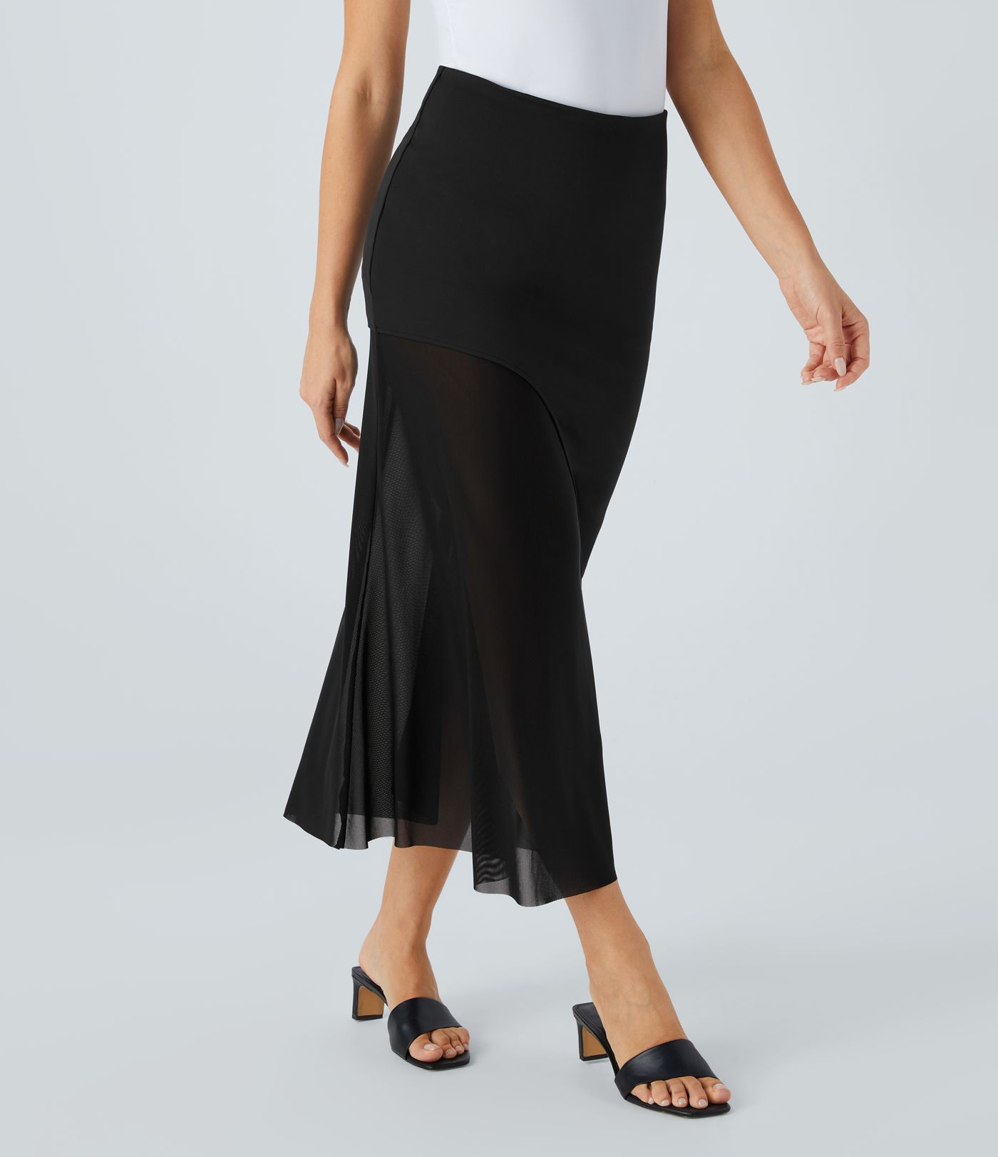 Midi Freizeitrock aus kontrastierendem Mesh mit hohem Bund