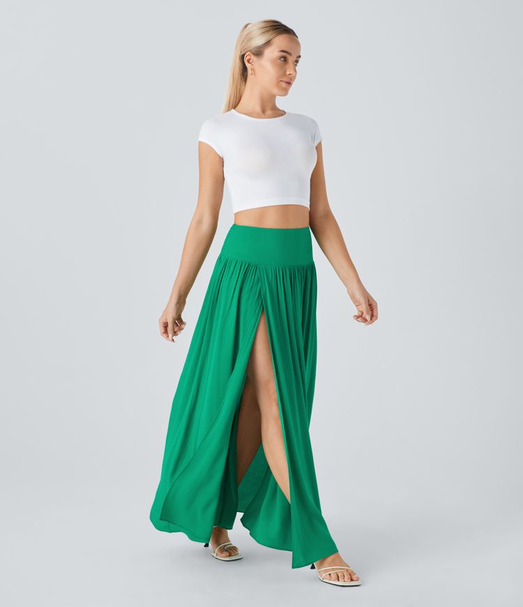 High Waisted Shirred 2-in-1 Flowy Maxi Linen-Feel Casual Skirt