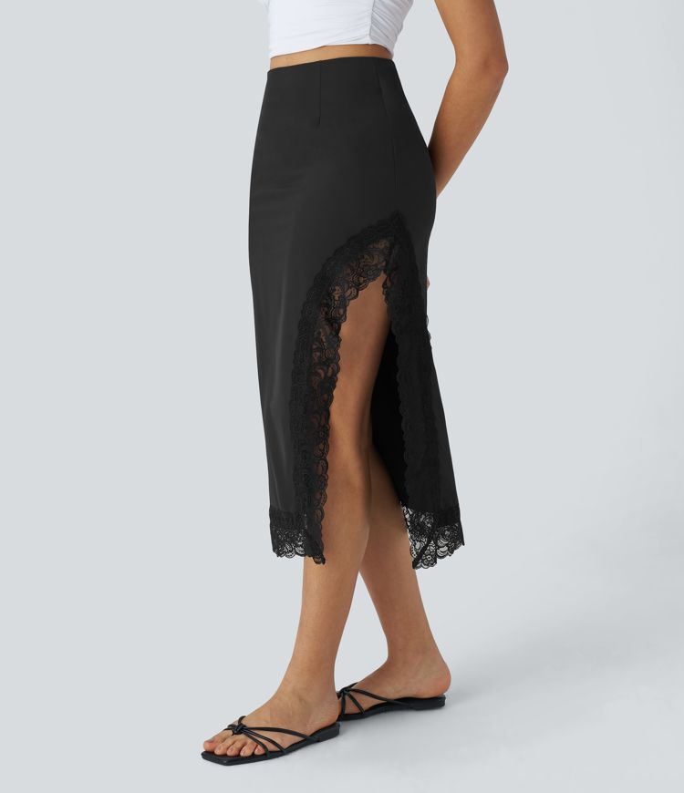 Breezeful™ Urlaubsrock mit hohem Bund, unsichtbarem Reißverschluss, Kontrastspitze und Schlitz - schnelltrocknend