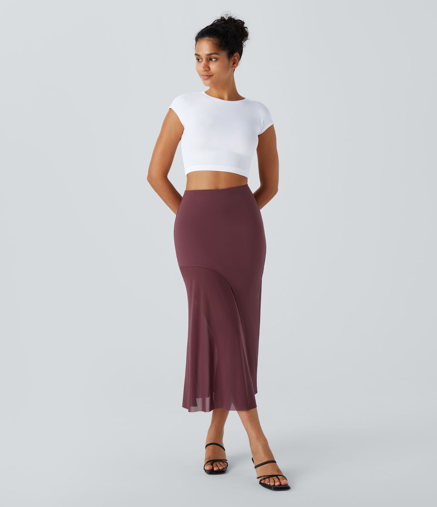 High Waisted 2-in-1 Contrast Mesh Midi Casual Skirt