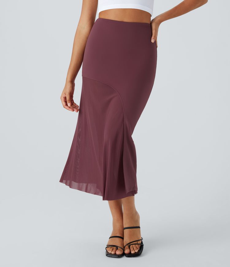 High Waisted 2-in-1 Contrast Mesh Midi Casual Skirt