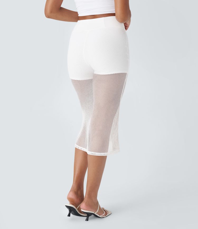 ハイウエスト バックポケット 2イン1 ミディ シアー メッシュ リゾート スカート