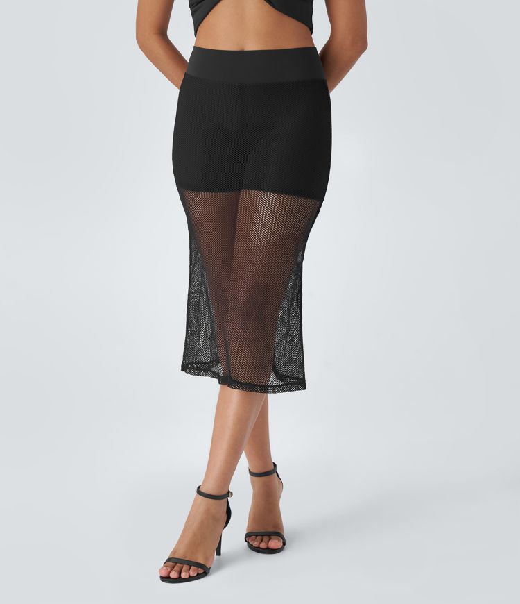 Falda resort midi malla transparente 2 en 1 bolsillo trasero tiro alto