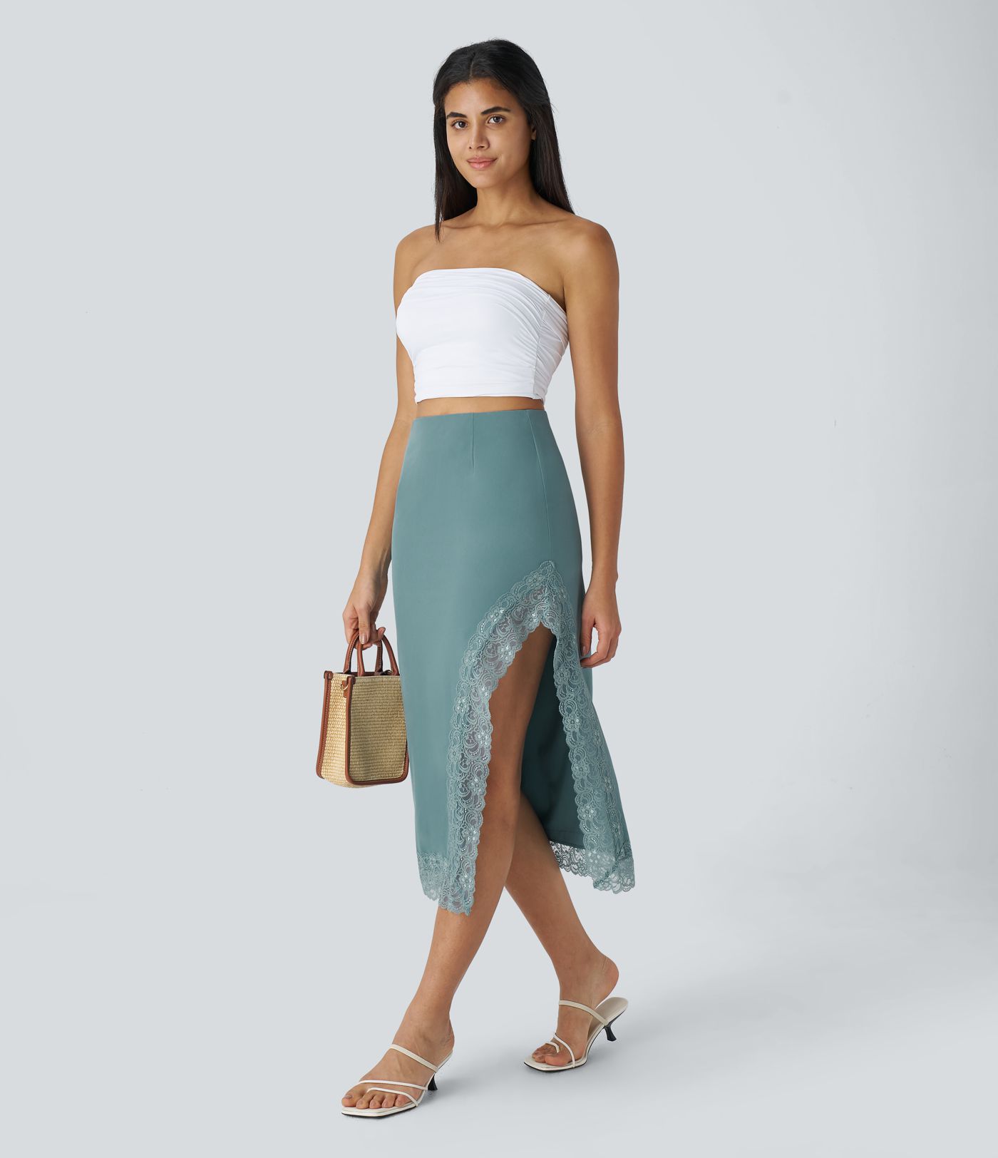 Breezeful™ High Waist Hidden Zipper Split Contrast Lace Quick Dry Resort Skirt