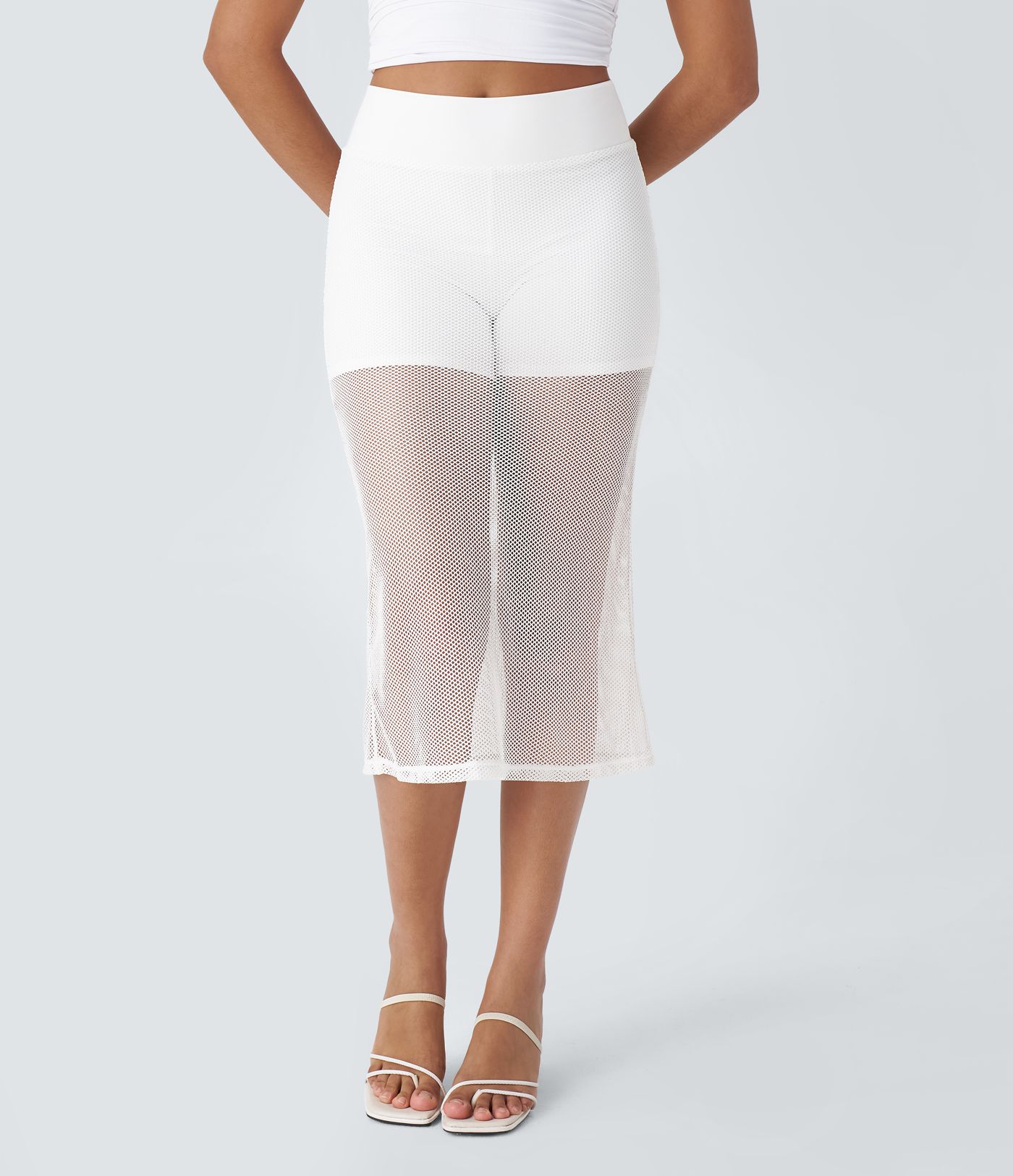 ハイウエスト バックポケット 2イン1 ミディ シアー メッシュ リゾート スカート