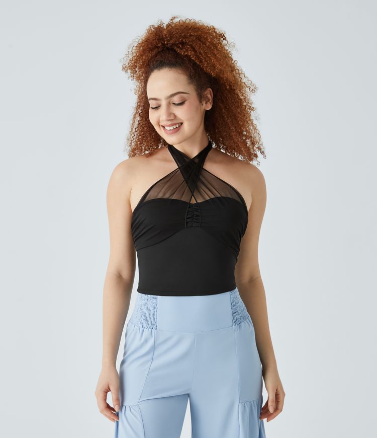 Crisscross Halter Tie Back Backless Ruched Contrast Mesh Cropped Resort Tank Vest Top