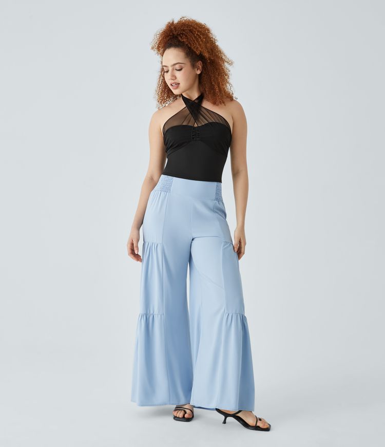 Crisscross Halter Tie Back Backless Ruched Contrast Mesh Cropped Resort Tank Vest Top