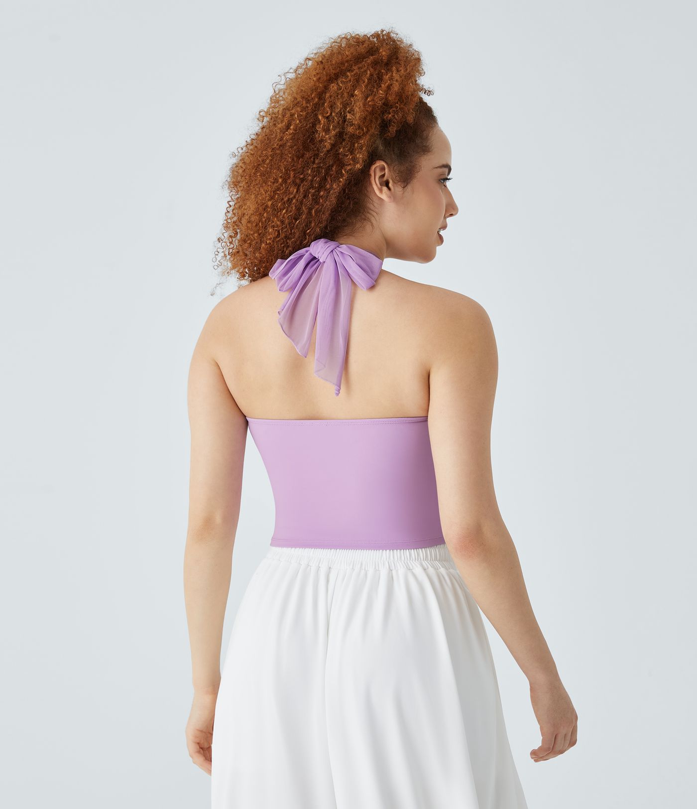 Crisscross Halterneck Tie Back Backless Gather Contrast Mesh Cropped Resort Tank Top