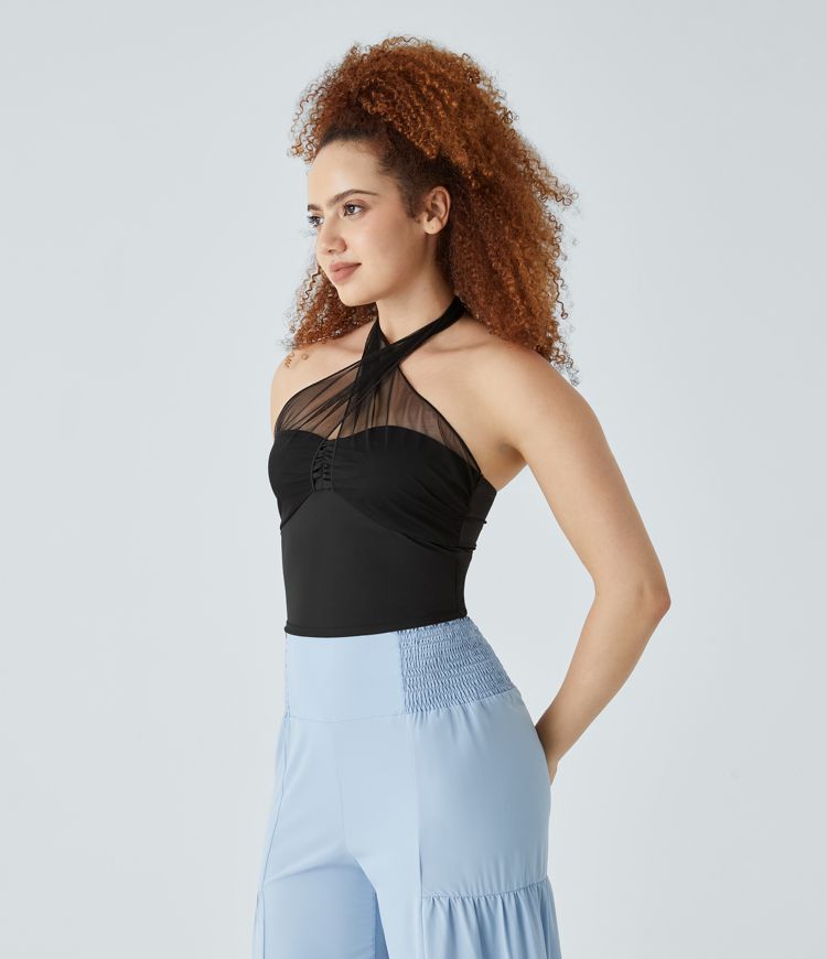 Crisscross Halter Tie Back Backless Ruched Contrast Mesh Cropped Resort Tank Vest Top