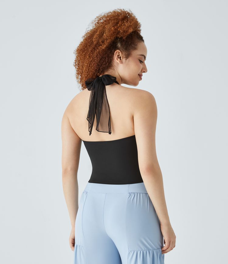 Crisscross Halter Tie Back Backless Ruched Contrast Mesh Cropped Resort Tank Vest Top