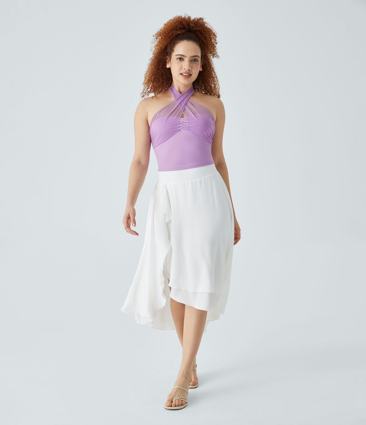 Crisscross Halterneck Tie Back Backless Gather Contrast Mesh Cropped Resort Tank Top