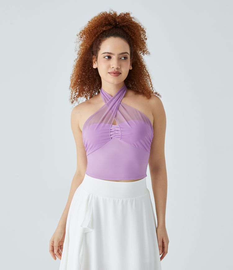 Halter Tie Back Ruched Contrast Mesh Cropped Tank Top