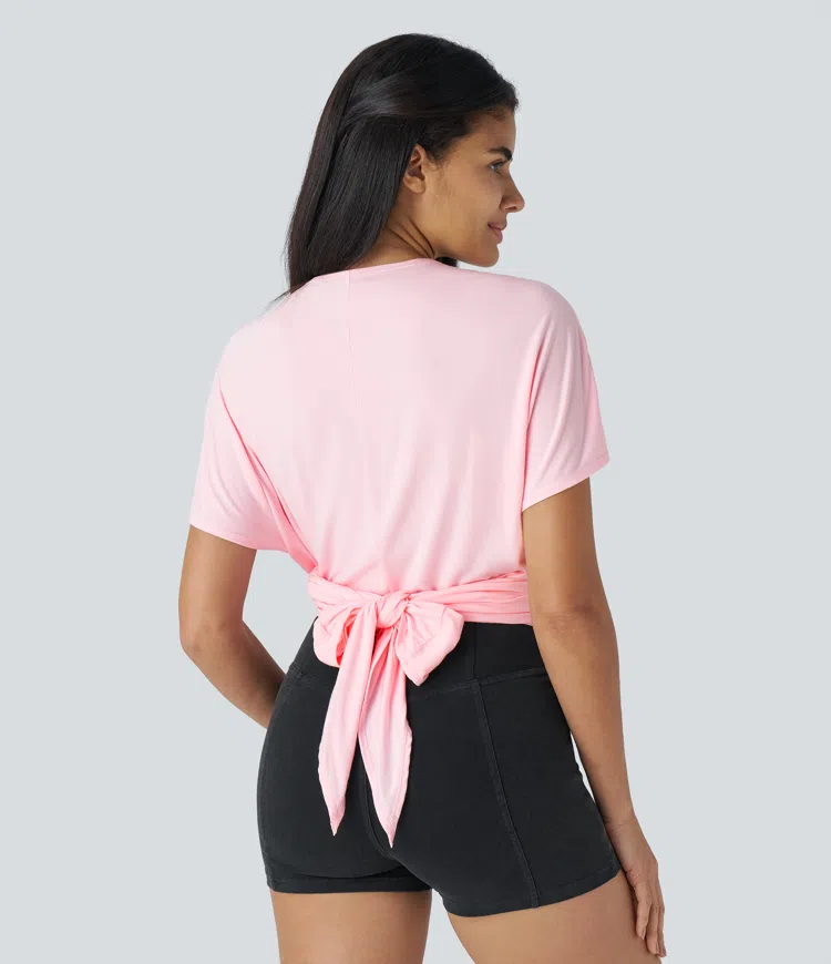 V-neck wrap tie-back casual top