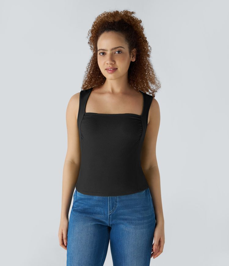 Ribbed Knit Square Neck Sleeveless Casual Top