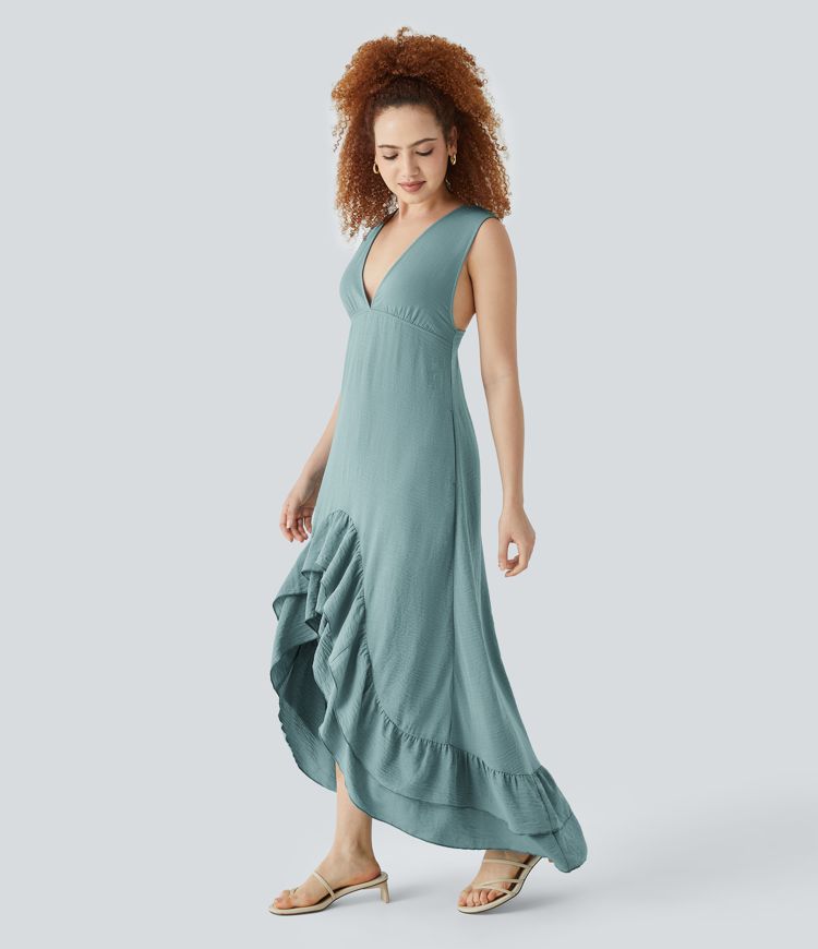 Vestido maxi resort tacto lino cuello V lazo espalda sin espalda encaje contrastante bolsillo lateral dobladillo volante escalonado alto