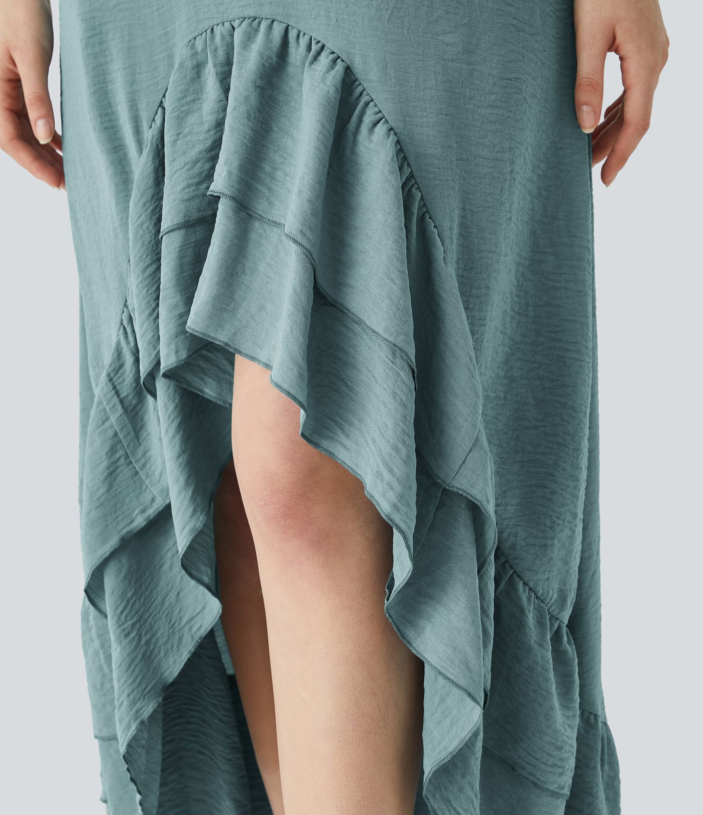 V-neckline tie-back backless contrast lace with side pockets high-low tiered frill hem maxi resort linen style dress