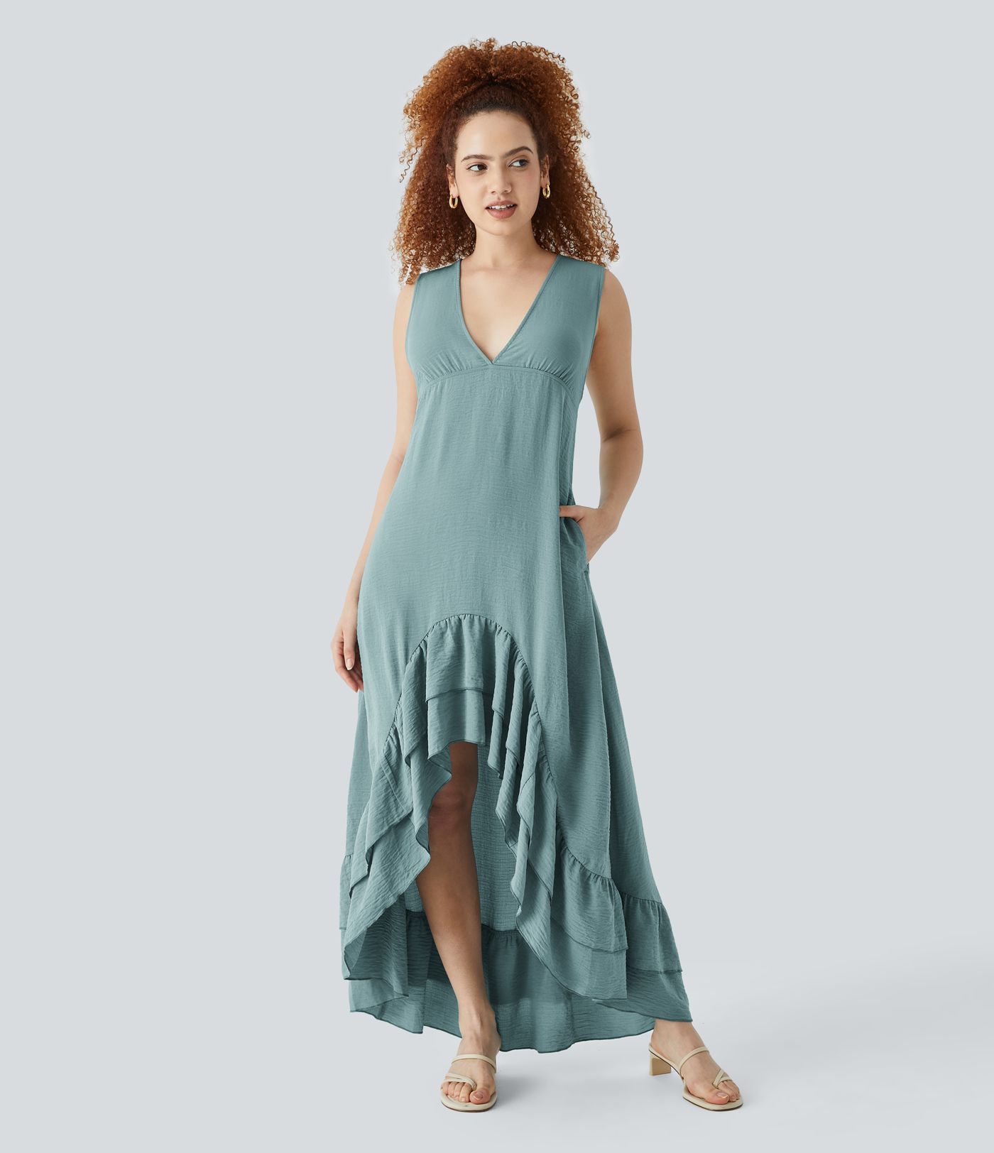 V-neckline tie-back backless contrast lace with side pockets high-low tiered frill hem maxi resort linen style dress