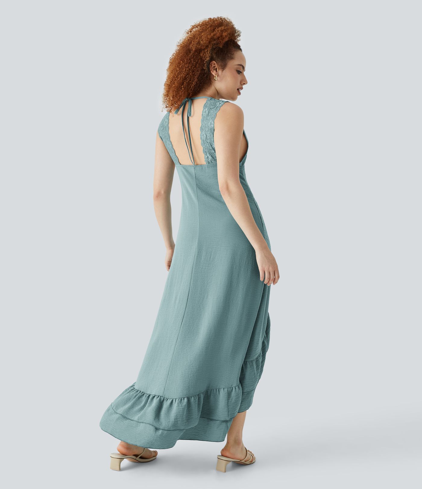 V-neckline tie-back backless contrast lace with side pockets high-low tiered frill hem maxi resort linen style dress