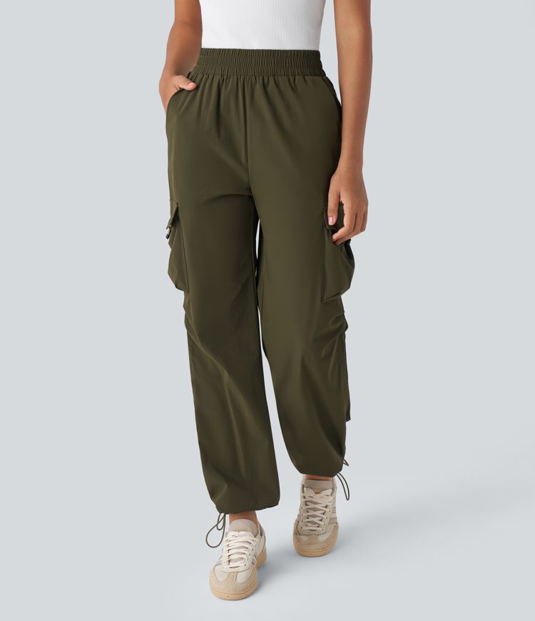High Waisted Multiple Pockets Adjustable Drawcord Casual Cargo Pants