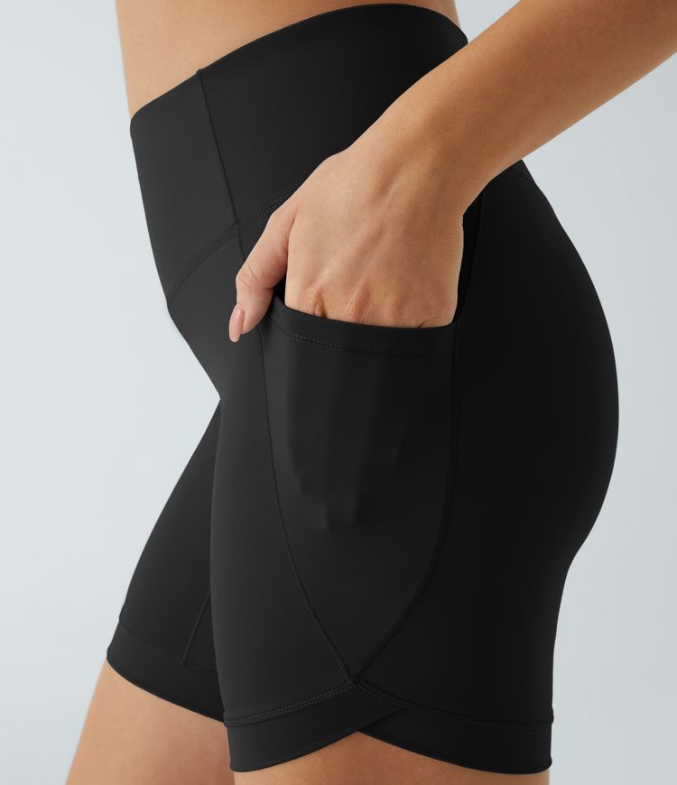 Pantalón corto motociclista yoga tiro alto bolsillo lateral dobladillo cruzado tacto fresco 17.5cm - UPF50+