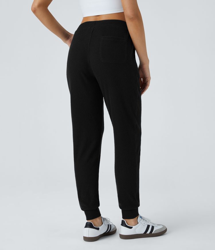 Ribbed Knit Mid-Rise Drawstring Multi-Pocket Casual Jogger