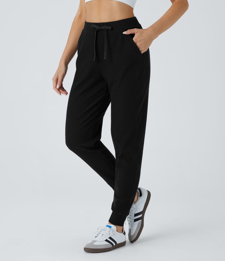 Ribbed Knit Mid-Rise Drawstring Multi-Pocket Casual Jogger