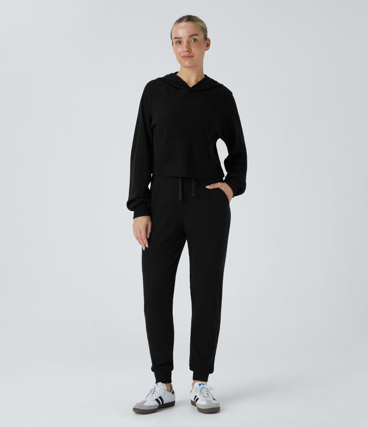 Ribbed Knit Mid-Rise Drawstring Multi-Pocket Casual Jogger