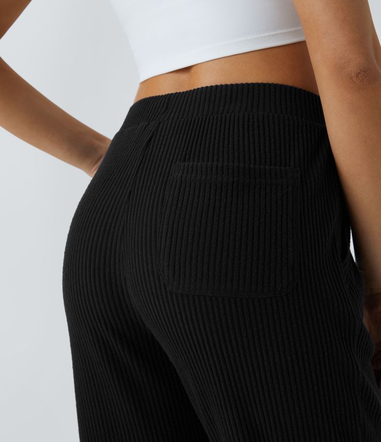 Ribbed Knit Mid-Rise Drawstring Multi-Pocket Casual Jogger