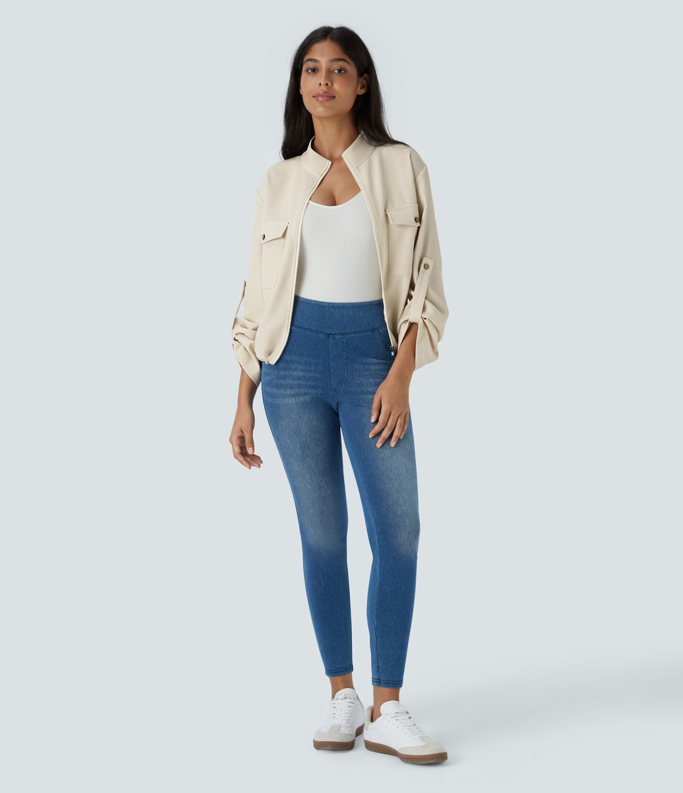 Stand collar Roll tab Sleeves Flap pocket Drawstring inside Hem zip Casual jacket