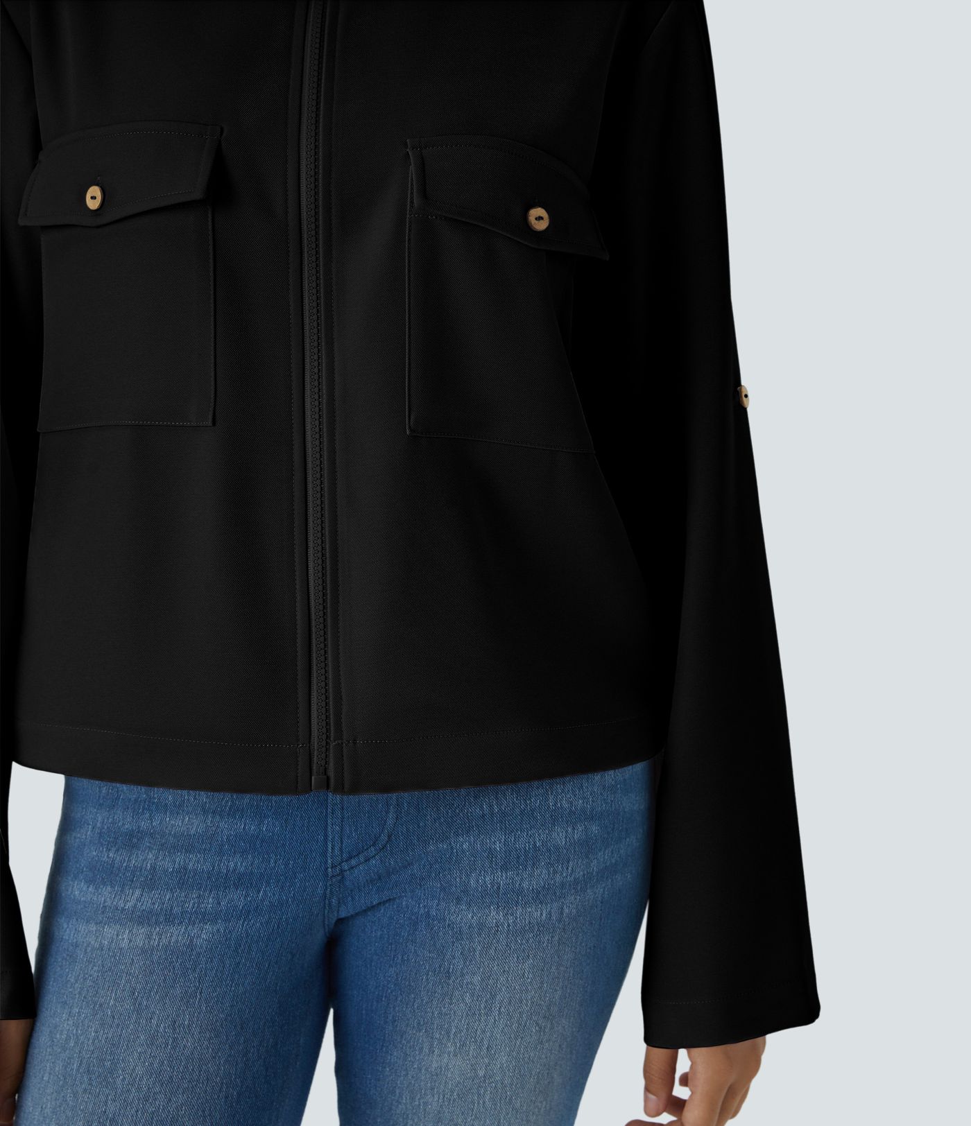 Chaqueta cuello alto manga enrollable bolsillo solapa cordón interior dobladillo cremallera