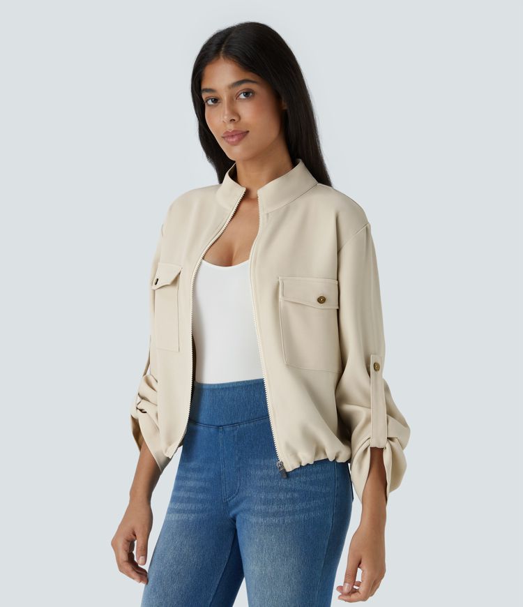 Chaqueta cuello alto manga enrollable bolsillo solapa cordón interior dobladillo cremallera