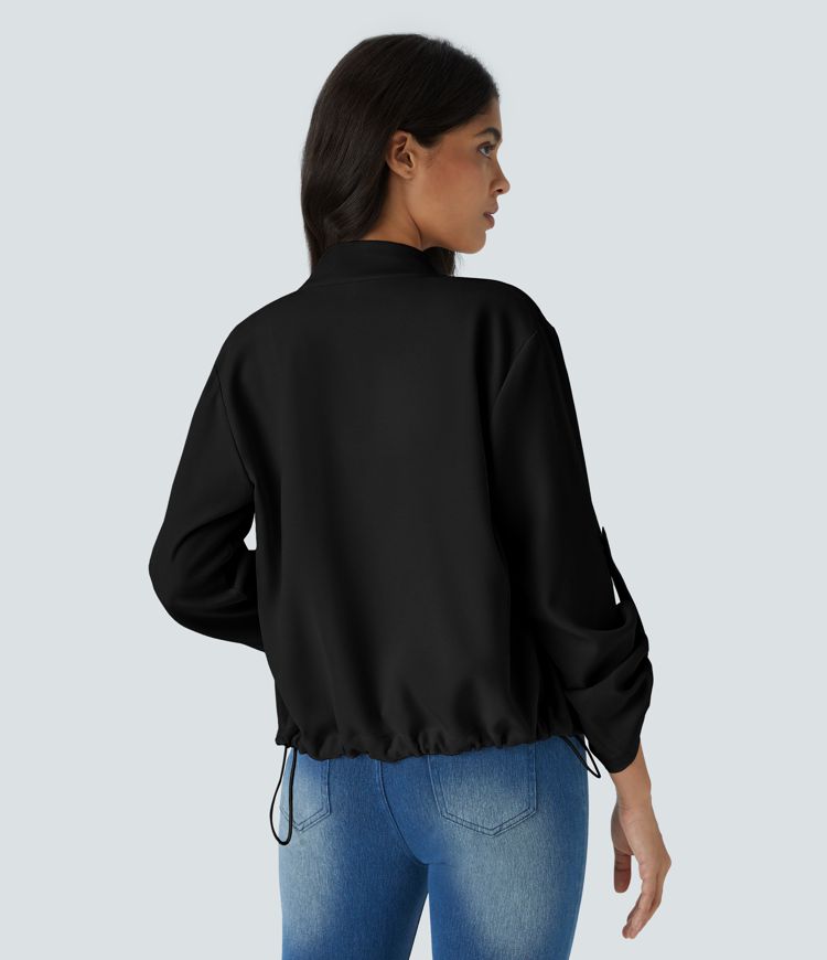 Chaqueta cuello alto manga enrollable bolsillo solapa cordón interior dobladillo cremallera