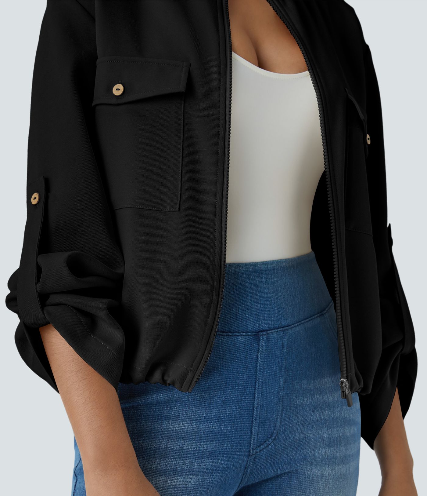 Chaqueta cuello alto manga enrollable bolsillo solapa cordón interior dobladillo cremallera