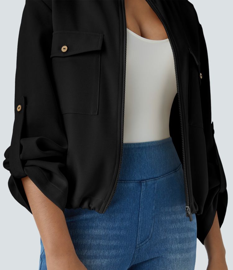 Chaqueta cuello alto manga enrollable bolsillo solapa cordón interior dobladillo cremallera