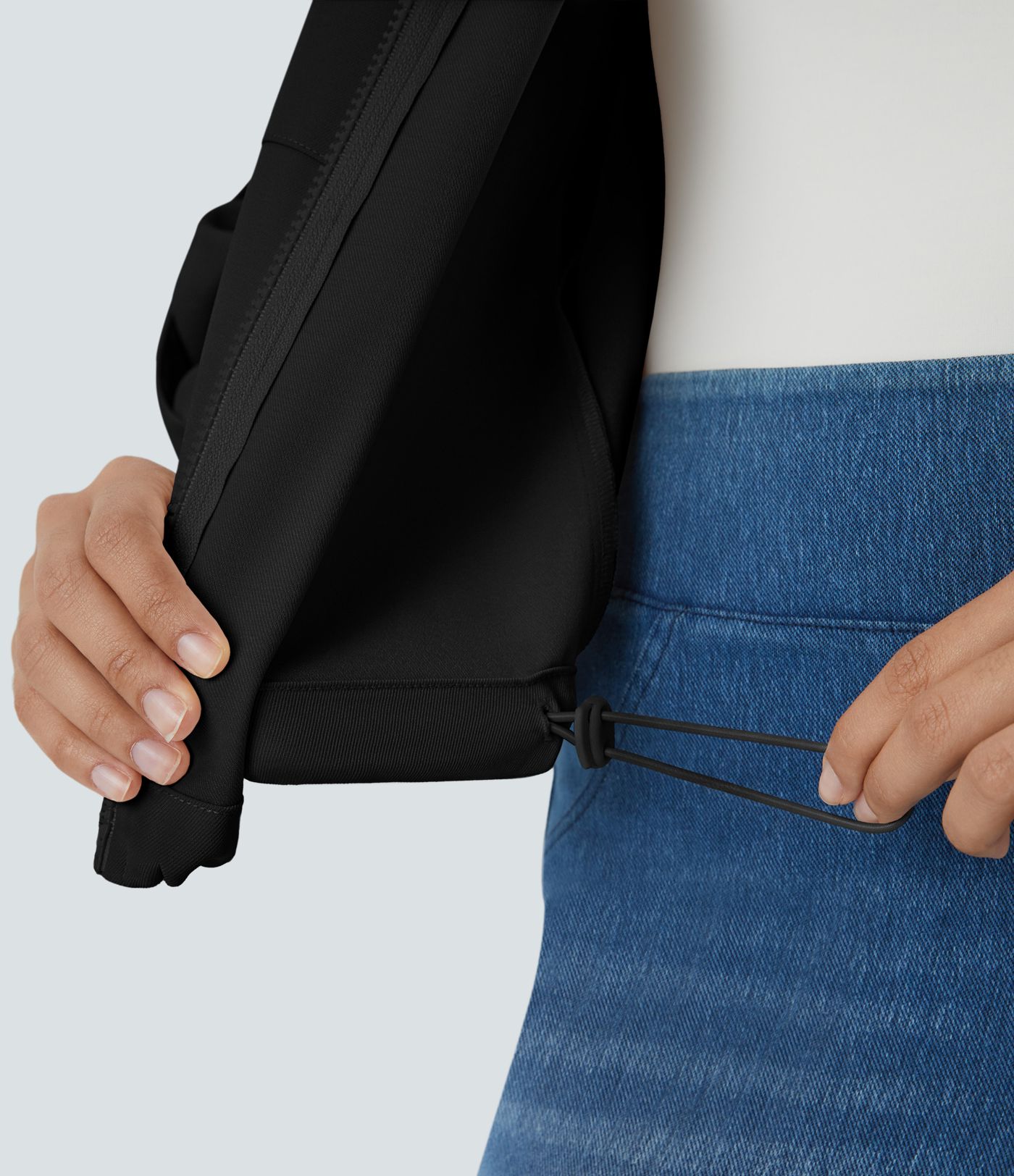 Chaqueta cuello alto manga enrollable bolsillo solapa cordón interior dobladillo cremallera