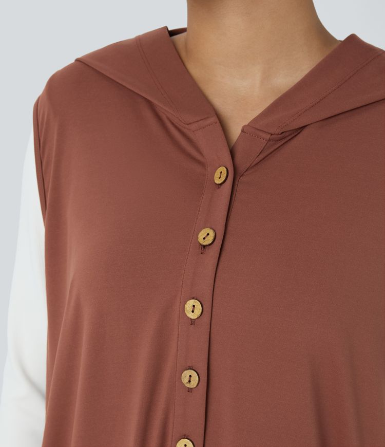 Hooded Button Front Sleeveless Side Pocket Drape Casual Jogger Jumpsuit