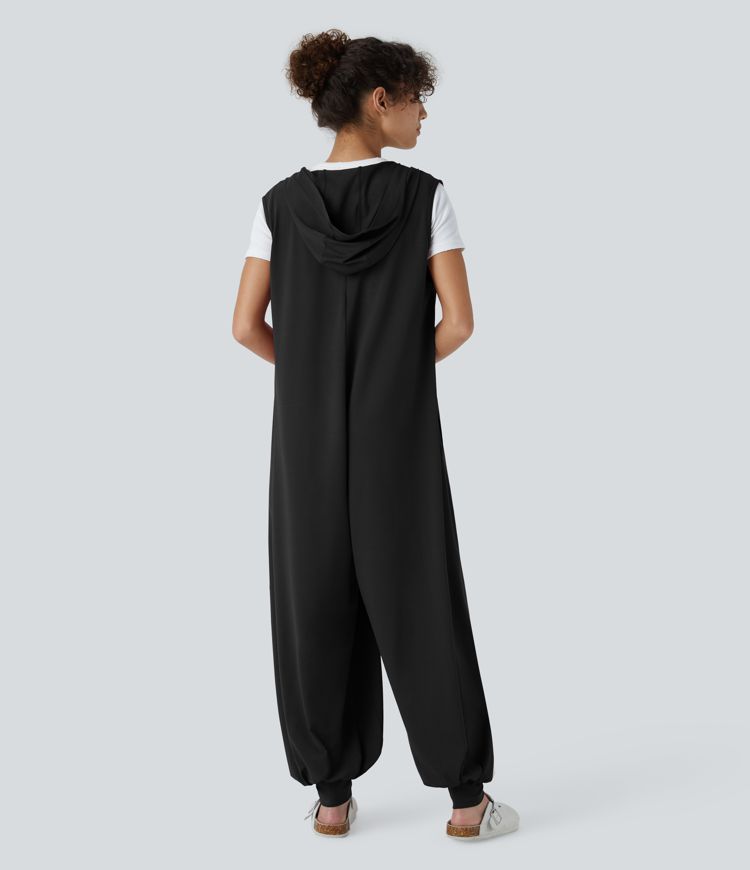 Mono jogger drapeado bolsillo lateral sin mangas botón capucha delantera