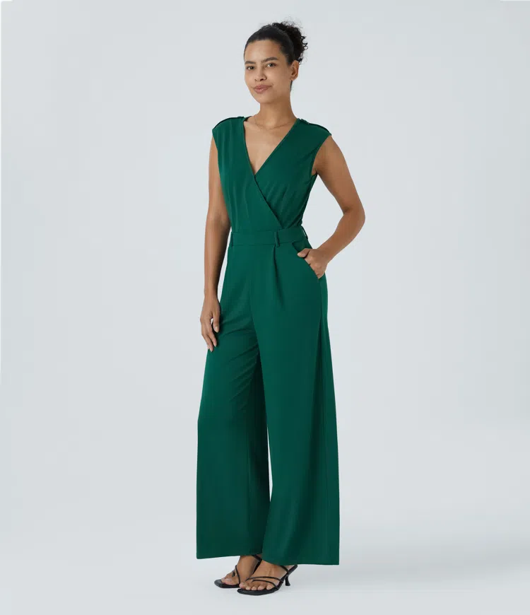 V-neck crossover sleeveless side pocket casual jumpsuit