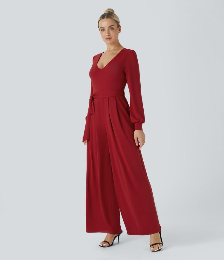 V Neck Long Sleeve Belted Pocket Wide Leg Jumpsuit