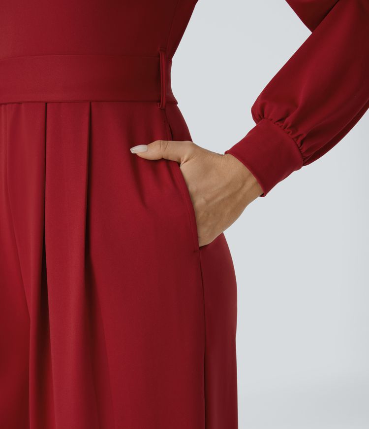 V Neck Long Sleeve Belted Pocket Wide Leg Jumpsuit