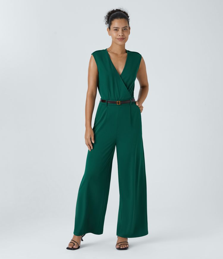 Mono cuello V cruzado sin mangas bolsillo lateral