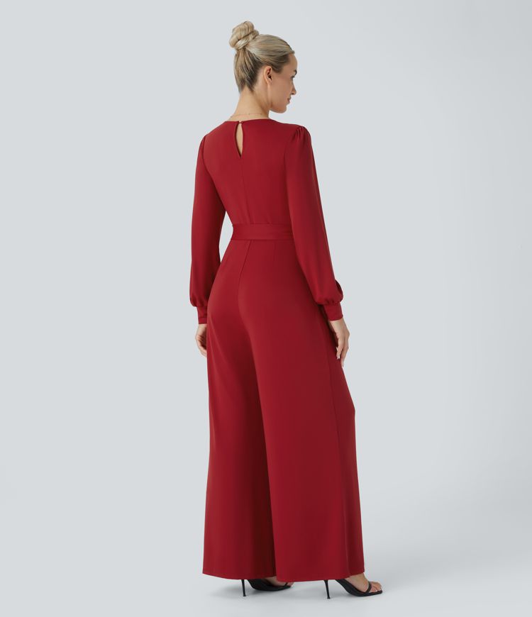 V Neck Long Sleeve Belted Pocket Wide Leg Jumpsuit