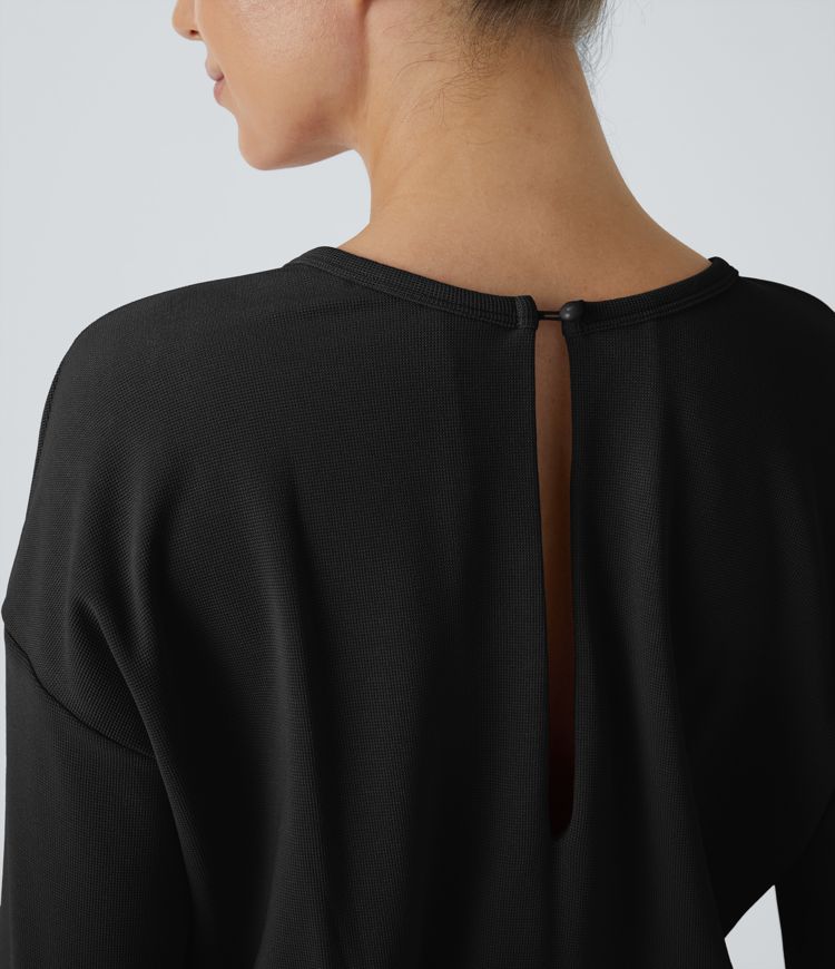 Round Neck Back Button Drawstring Side Pocket Waffle Casual Jumpsuit